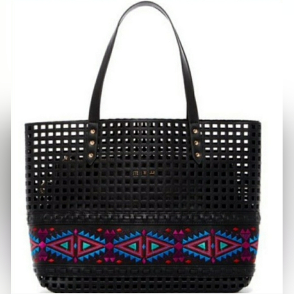 STEVE MADDEN BHILDA BLACK TOTE LASER CUT/ COLORFUL ACCENT AZTEC BAND PER…